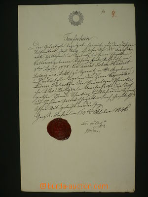 108180 - 1846 RAKOUSKO křestní list s vtištěným kolkem 15Kr (Koř.89)
