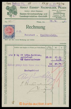108206 - 1923 SEED PRODUCTION heading invoice f. Adolf Eisner, Plze