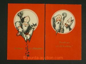 110336 - 1930 Mikuláš a čert, sestava 2ks pohlednic, červený podklad,