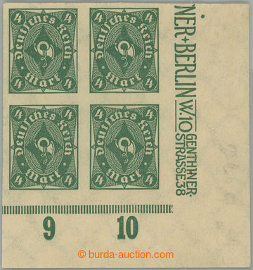 244748 - 1922 Mi.226U, rohový 4-blok Posthorn 4Pfg zelená; bezvadn