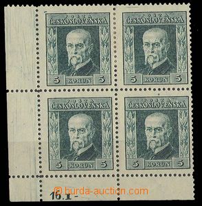 25009 - 1925 T. G. Masaryk 5CZK in/at corner block of four with plat
