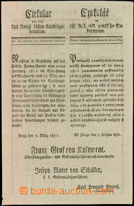 25748 - 1811 tištěný cirkulář Praha Hrabě Kolowrat, luxusní s