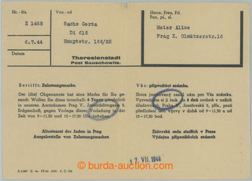 268268 - 1944 GHETTO TEREZÍN / VOV 1e, formulář vydaný Židovskou