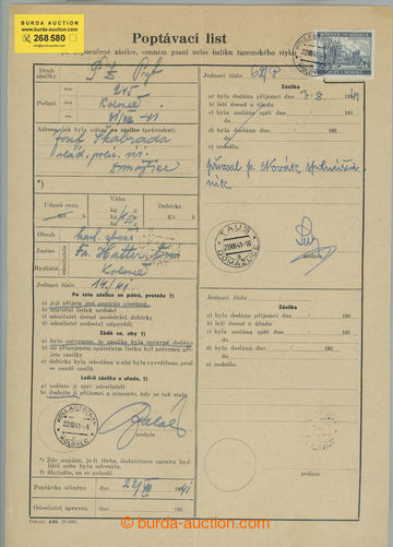 268580 - 1941 POPTÁVACÍ SHEET perforation hole ZÁSILCE / Czechosl.