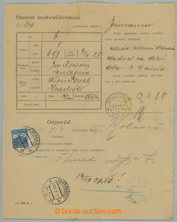 268600 - 1928 OZNAM NEDORUČITELNOSTI / použitý tiskopis (č. 419 A