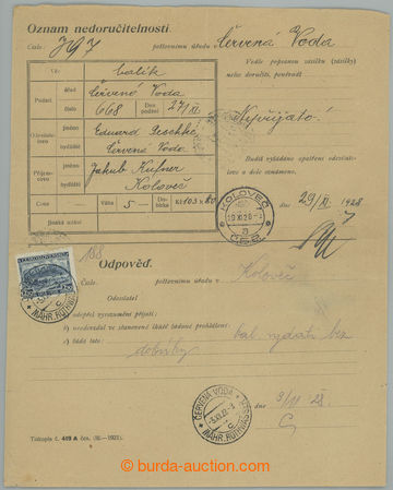 268604 - 1928 OZNAM NEDORUČITELNOSTI / použitý tiskopis (č. 419 A