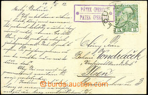 33183 - 1912 postcard with violet postal agency pmk PÁTEK (PERUC)*