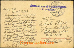 33317 - 1919 postcard Bratislava sent FP to Prague, blue 2-lines po