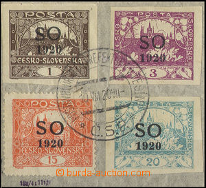 33902 - 1920 cut square with 4 pcs of stmp with overprint., i.a. 15h