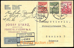 33969 - 1936 postcard to Switzerland paid/franked mixed franking air