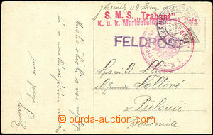 34259 - 1915 S.M.S. Trabant, red straight line postmark + round with