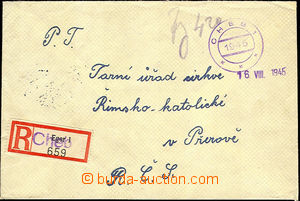 34379 - 1945 cash franked Reg letter with provisory rubber postmark