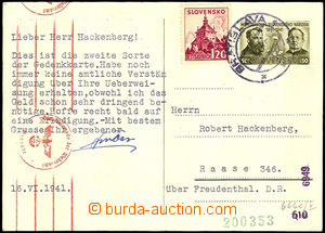 34664 - 1941 CDV10/1 to Germany, uprated with stamp Alb.52, 1,20 Kor
