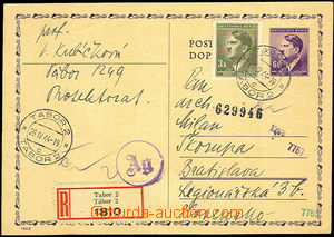 34835 - 1944 CDV16 sent as Reg to Slovakia, uprated with stamp 3 Kor