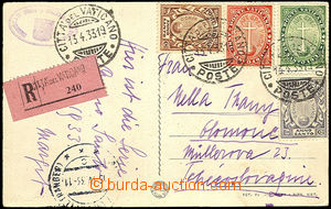 34847 - 1933 postcard sent as Reg to Czechoslovakia, franked with. s