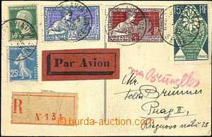35663 - 1925 Reg and airmail. postcard to Prague, note. via Brussels