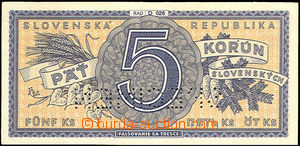 35819 - 1945 SLOVENSKÝ STÁT  bankovka 5Ks, SPECIMEN, série D, kva