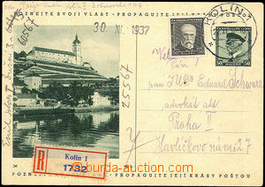 36263 - 1937 CDV69/56 Mělník sent as Reg, uprated with stamp 50h T