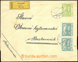 36440 - 1919 Reg letter franked with. pair stamp. 20h blue-green + 5
