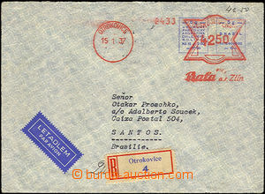 36514 - 1937 Reg and airmail letter to Brazil franked by meter stmp