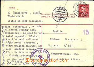 37383 - 1950 CDV96a, international post card KG 3CZK addressed to to
