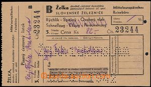 58158 - 1942 RAILWAYS ticket on/for express train Rájecké Teplice