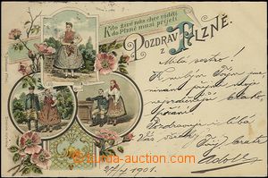 62396 - 1901 Plzeň - litografická koláž, dívka a 2x dvojice lid