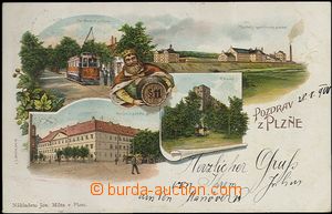 62399 - 1900 Plzeň - litografická koláž, pivovar, tramvaj, muž