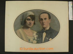83499 - 1920 big oval wedding photo in passe-partout A3, by hand col