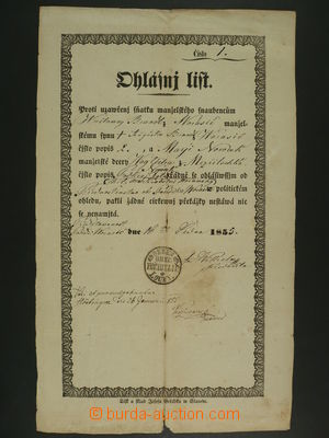 97590 - 1855 OHLÁŠKA SŇATKU / POČEDĚLICE, okr. Louny, křížem složeno