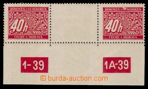 100999 - 1939 Pof.DL5, 40h red, 2-stamps gutter with plate number 1-3
