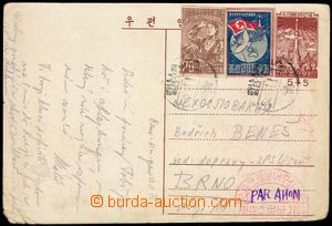 101092 - 1954 air postcard Pchjongjang 5+5 to Czechoslovakia, uprated