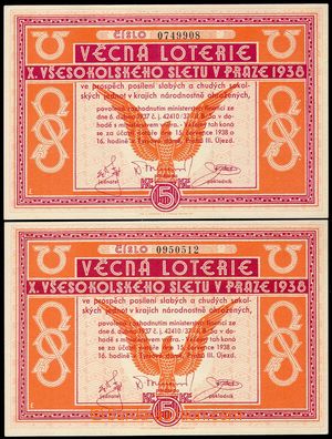 102628 - 1937 ČSR I.  sestava 2ks losů Věcné loterie X. všesokol