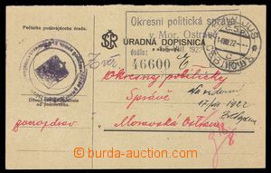 103674 - 1922 úřední lístek bez frankatury do Moravské Ostravy, 