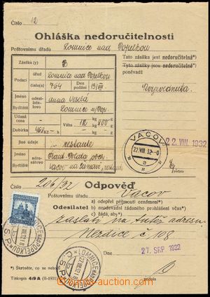 104267 - 1932 Ohláška nedoručitelnosti, poštovní formulář (Tis