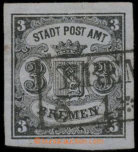 109425 - 1855 Mi.1x, Znak 3Gr, černá na modrošedém papíru, svisl