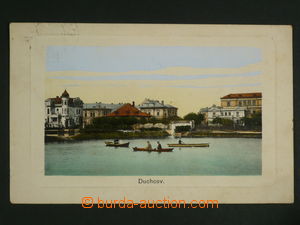 109673 - 1910 DUCHCOV (Dux) - pohled přes rybník, lidé v lodičce,