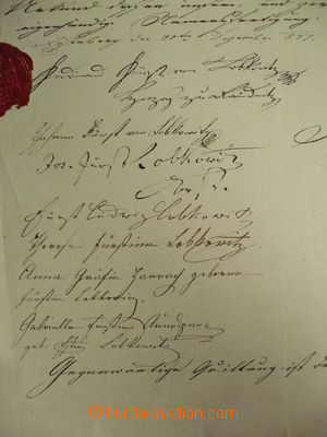 114322 - 1836 LOBKOWITZ, podpisy 7 členů rodiny na kvitanci s listi