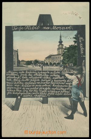 116345 - 1908 TŘEBÍČ - koláž dítě před tabulí, náměstí FJ