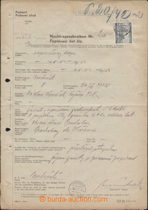 120601 - 1942 request sheet with Ostrava 4 Koruna, Pof.37, CDS UNHOŠ