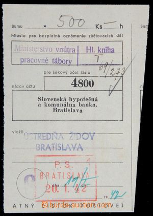 120889 - 1942 JUDAICA  post. order for amount of 500KS, postmark Jewi