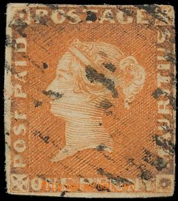 124946 - 1853 SG.3, Queen Victoria 1P red-orange, yellowish paper, un