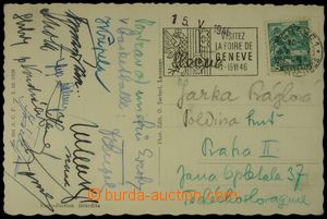 126328 - 1946 BASKETBAL  pohlednice ze Švýcarska s podpisy čs. rep