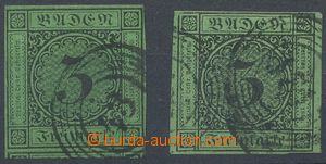 127992 - 1853 Mi.6, Číslice 3Kr černá na zeleném papíru, 2ks, v