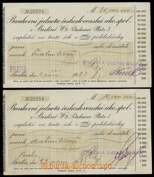 130270 - 1923 ČSR I.  sestava 2ks šeků se vtištěnými kolky 10h 