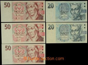 130274 - 1994-97 ČESKO  Ba.CZ10a+b, CZ17 3x, sestava 5ks bankovek, l