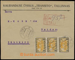 130349 - 1921 Reg letter inland, franked with. vertical str-of-3 stam