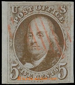 132362 - 1847 Mi.1; Sc.1, Franklin 5c hnědá, luxusní krajový kus 