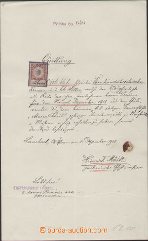 133945 - 1918 ČSR I.  kvitance s rakouským kolkem 60h, předběžn