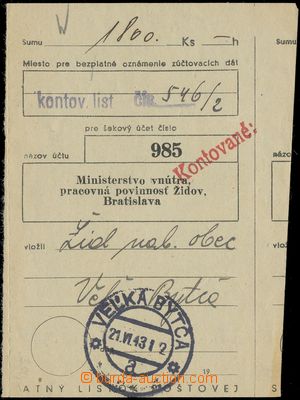 135233 - 1943 JUDAIKA  ústřižek složenky, příjemce Ministerstvo
